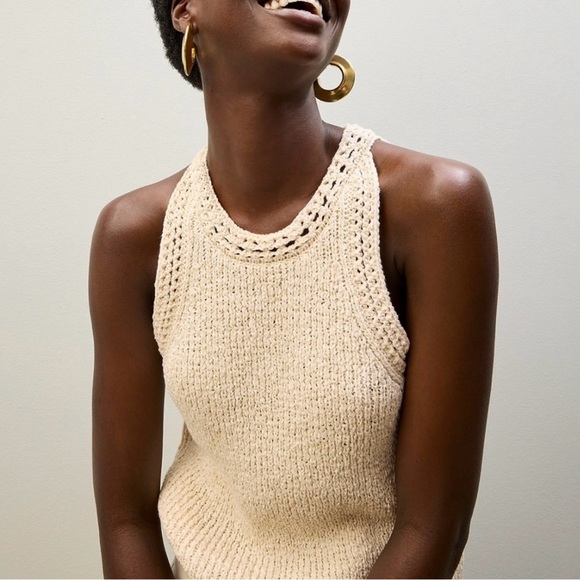J. Crew Tan Cotton Pointelle Textured Sleeveless High Neck Sweater Top, S - Picture 2 of 8